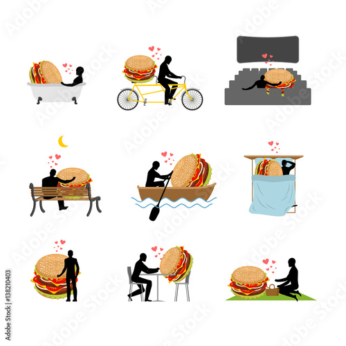 lover fast food. set. Man and hamburger in movie theater. Lovers in bath. Romantic rendezvous. boat. person sitting on bench. Joint walk. Cycling tandem. Breakfast in cafe. Picnic in park. Glutton