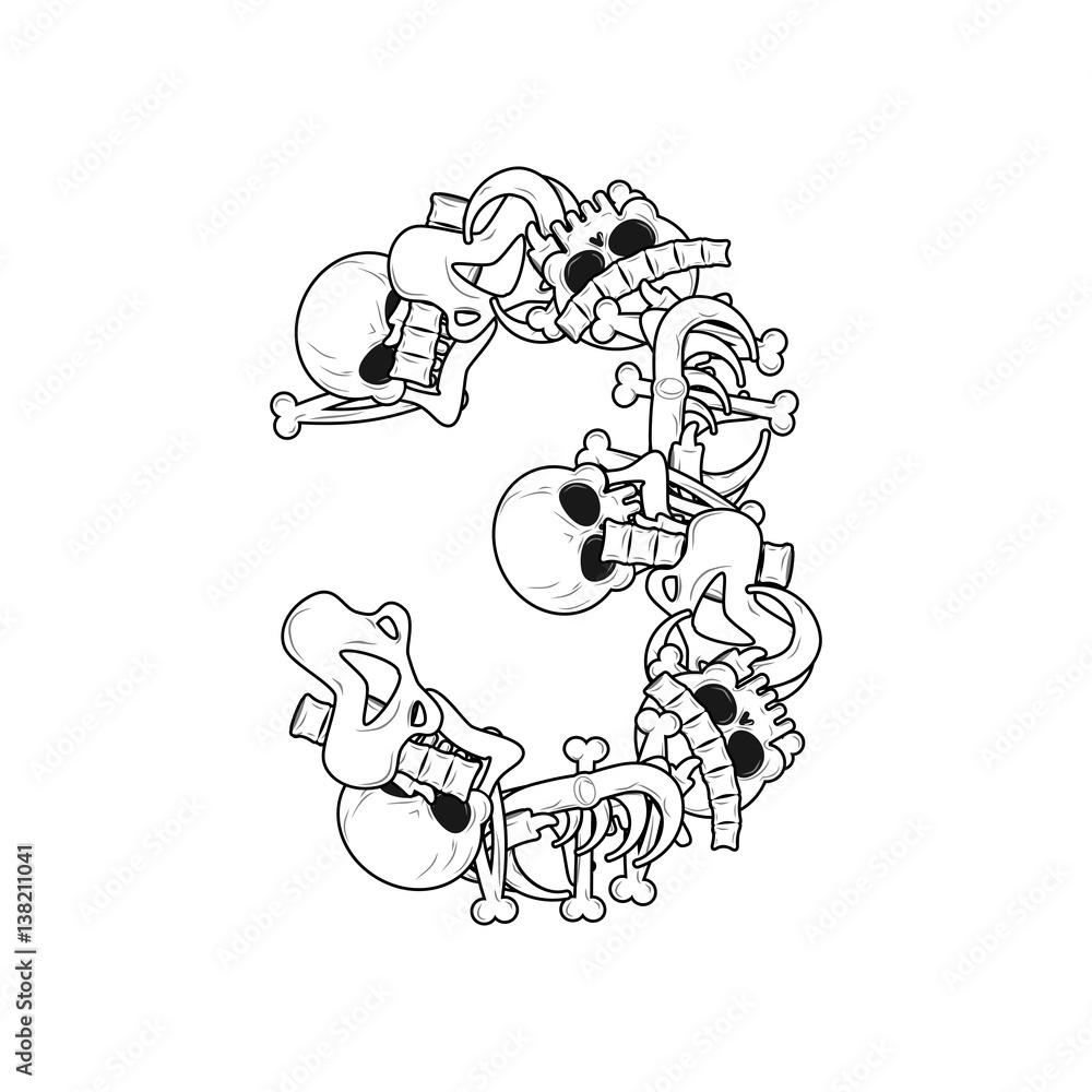 Number 3 skeleton. Bones Font three. Anatomy of an alphabet symbol. dead ABC sign