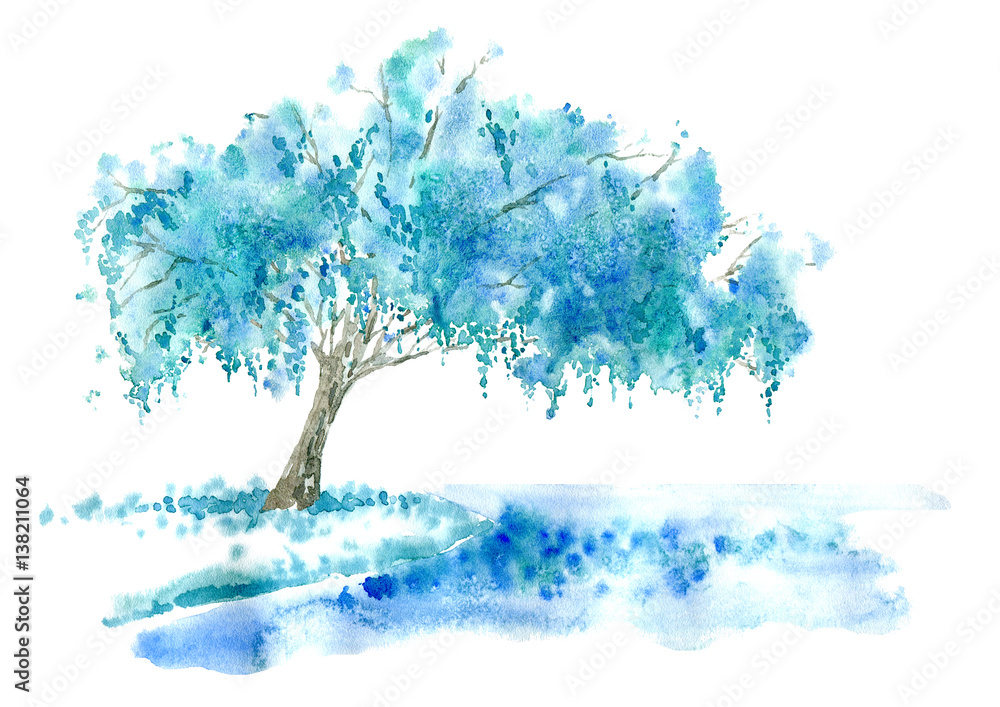 Obraz Wierzba płacząca nad jeziorem. Niebieskie drzewo. Dłoń akwarela ilustracja.