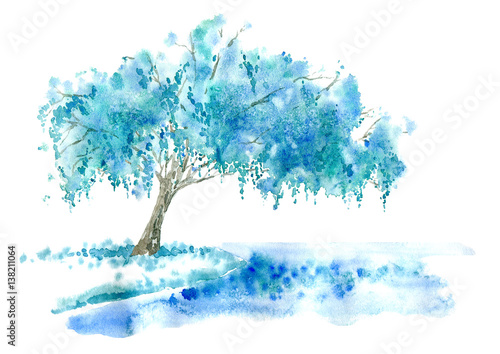 Obraz na płótnie Wierzba płacząca nad jeziorem. Niebieskie drzewo. Dłoń akwarela ilustracja.