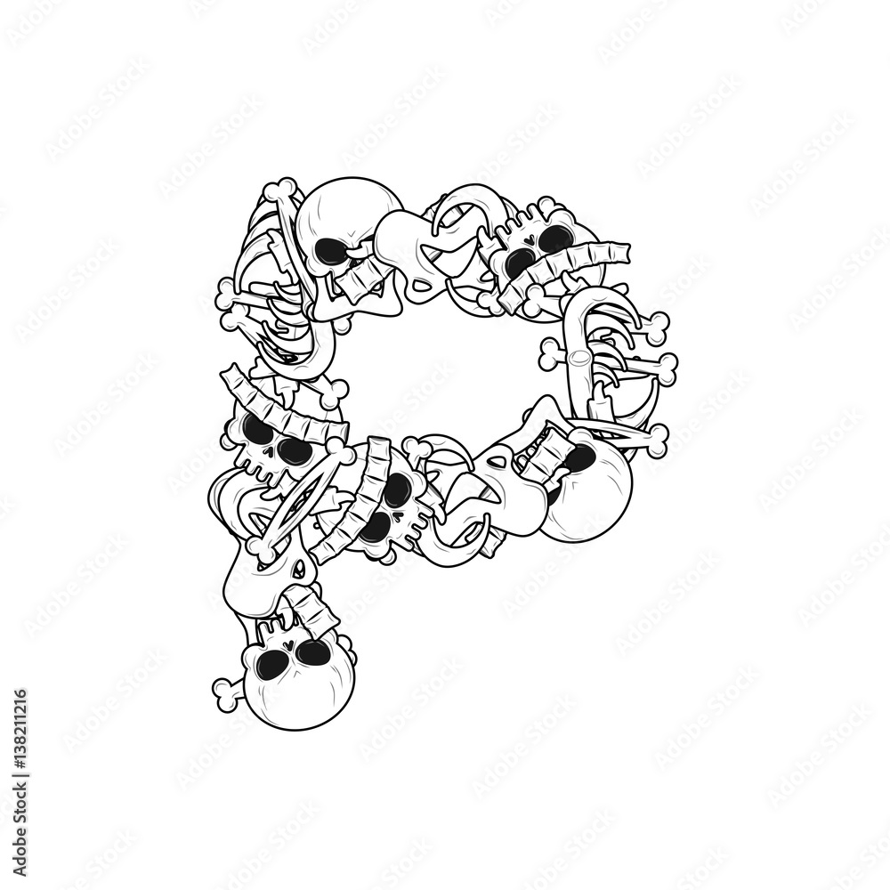 Letter P skeleton Bones Font. Anatomy of an alphabet symbol. dead ABC sign Letter P skeleton Bones Font. Anatomy of an alphabet symbol. dead ABC sign