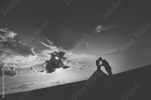 silhouette of a bride and groom in nature