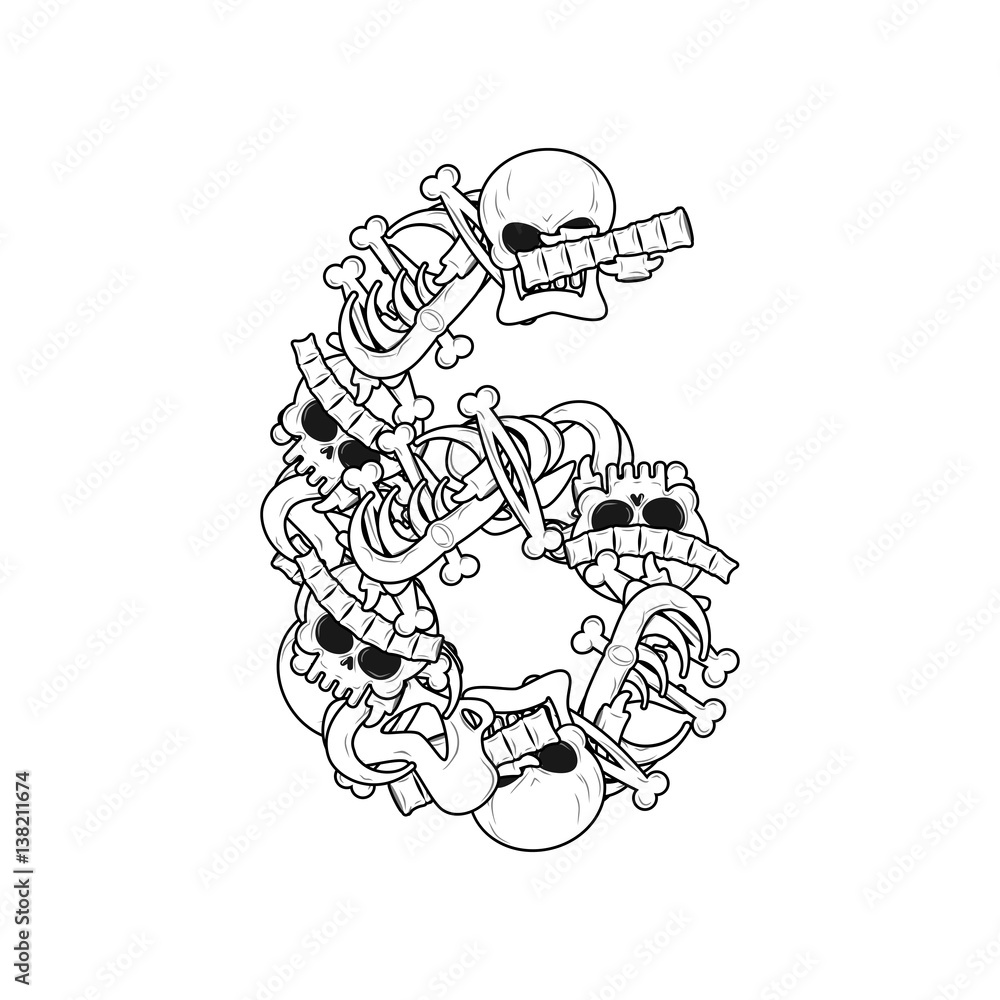 Number 6 skeleton. Bones Font six. Anatomy of an alphabet symbol. dead ABC sign Number 6 skeleton. Bones Font six. Anatomy of an alphabet symbol. dead ABC sign