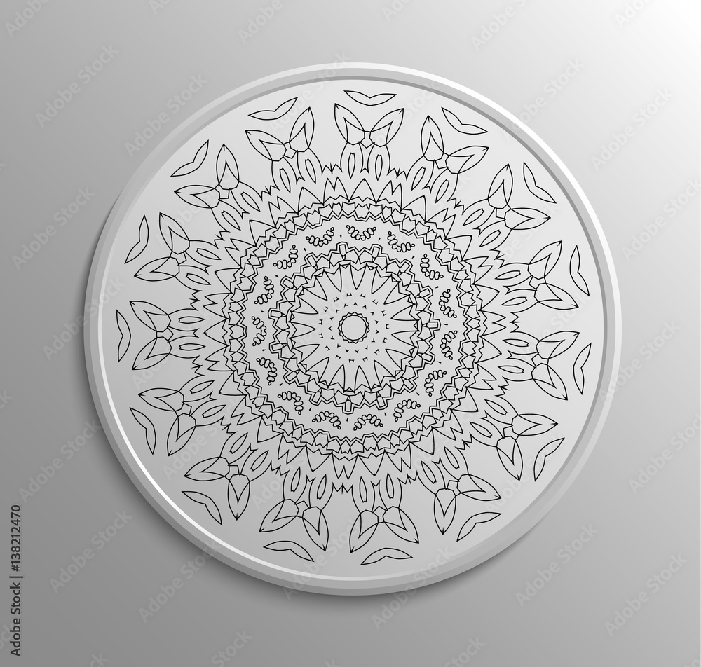 Circular monochromatic pattern. Mandala style. Decoration plate. Indian art. Can be used for invitation, menu, card design, pillow design, banners, retro button, signs and others.