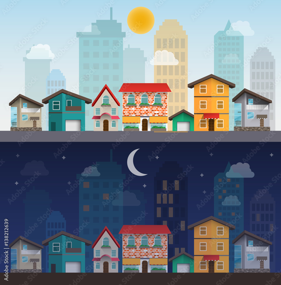 colorful houses in day and night, vector illustration