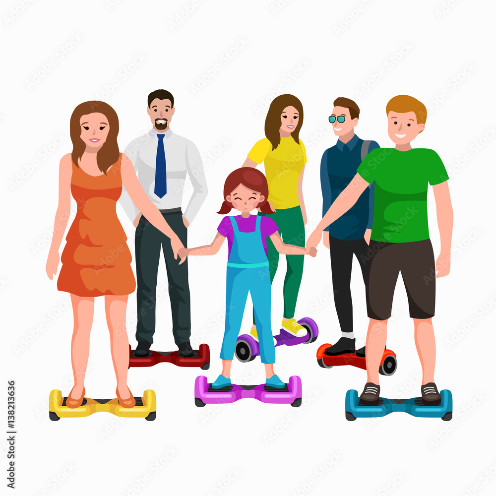 active peoples fun with electric scooter, family on segway new modern technology hoverboard, man woman and child self balance wheel transport gyroscooter ride the street vector illustrator active peoples fun with electric scooter, family on segway new modern technology hoverboard, man woman and child self balance wheel transport gyroscooter ride the street vector illustrator