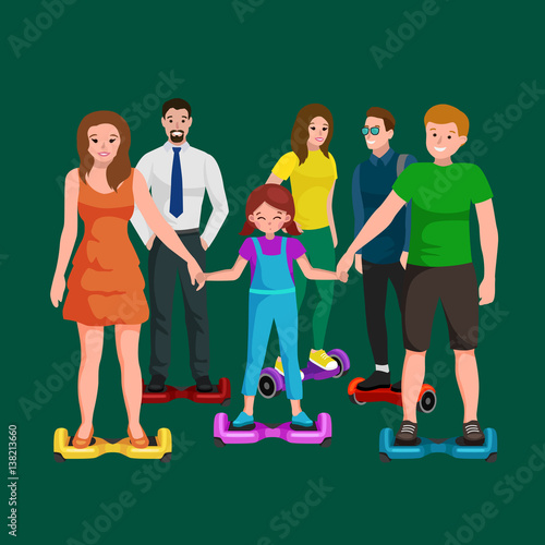 active peoples fun with electric scooter, family on segway new modern technology hoverboard, man woman and child self balance wheel transport gyroscooter ride the street vector illustrator