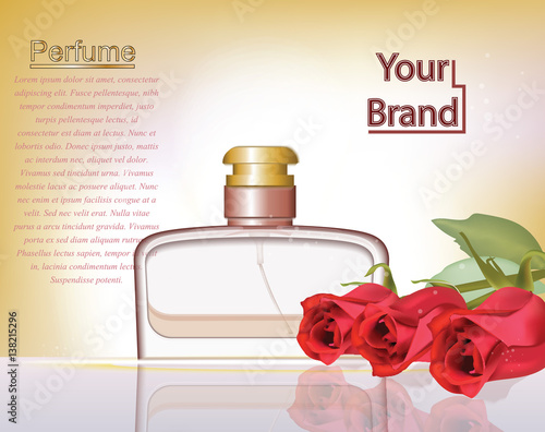 Perfume cosmetics and perfume ads template. Silver bottle sparkling backgroun...