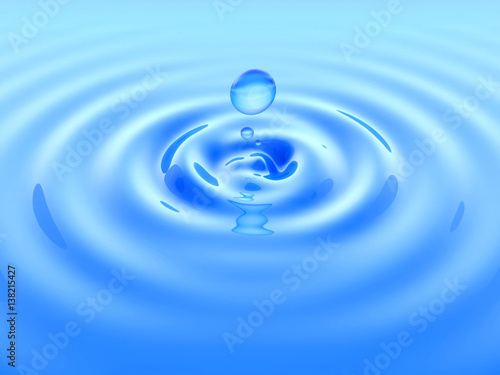 Drop water and ripple on blue surface. 3D illustration.