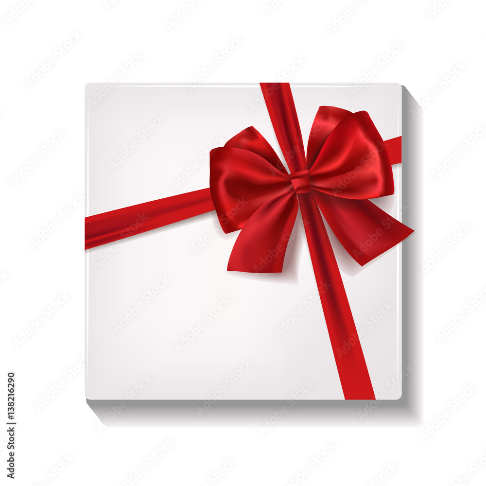 Realistic white gift box with red satin ribbon and bow. Realistic white gift box with red satin ribbon and bow.