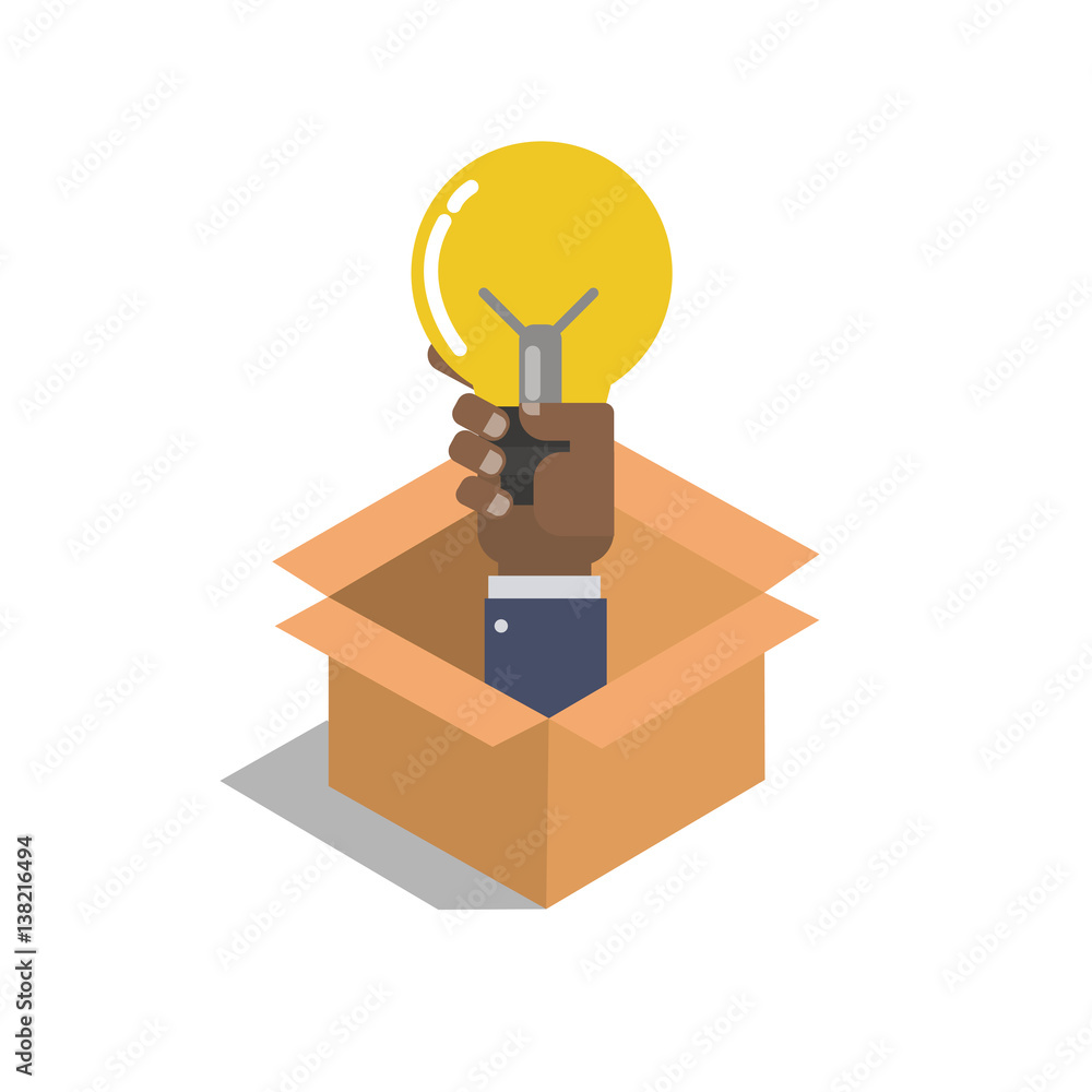 Light bulb with hand in box, creative idea concept flat vector illustration Light bulb with hand in box, creative idea concept flat vector illustration