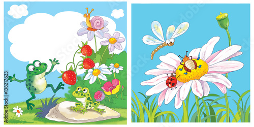 Two spring greeting cards. 8 of March. Illustration for children