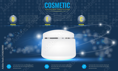 Cosmetic ads template, blank cosmetic mockup with sparkling effect. Product information and translucent liquid ball. Vector 3D illustration