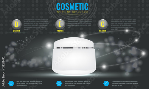 Cosmetic ads template, blank cosmetic mockup with sparkling effect. Product information and translucent liquid ball. Vector 3D illustration