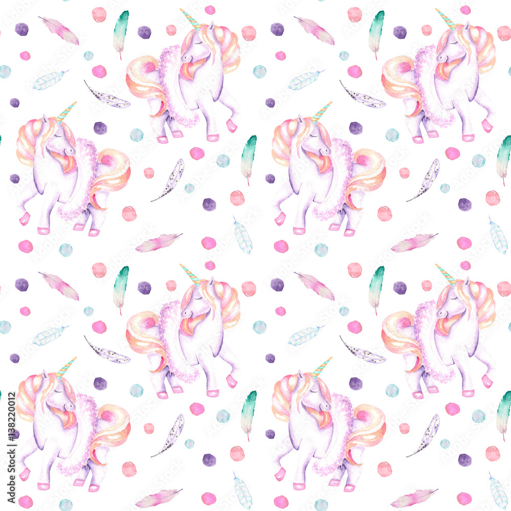 Seamless pattern with watercolor pink unicorn in tutu, feathers and confetti, hand drawn isolated on a white background