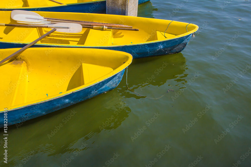 Yellow rowboat on water in lake