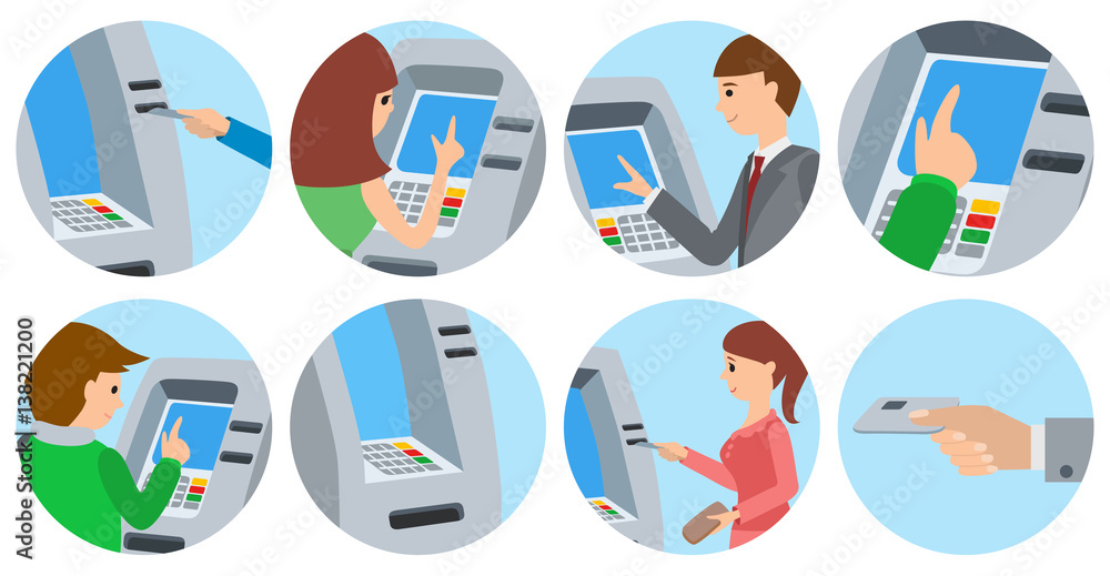 Fototapeta premium People using ATM machine. Vector illustration icons isolated white background.