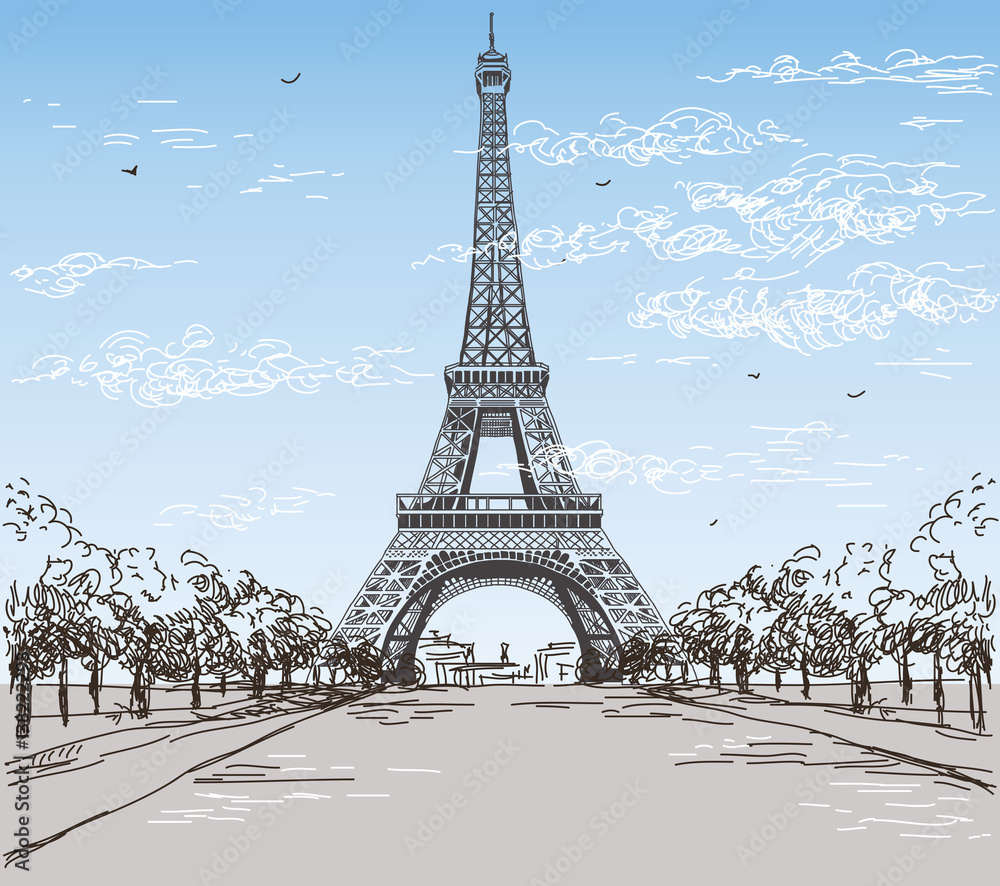 Landscape with Eiffel tower in black and wwhite colors on blue and grey background