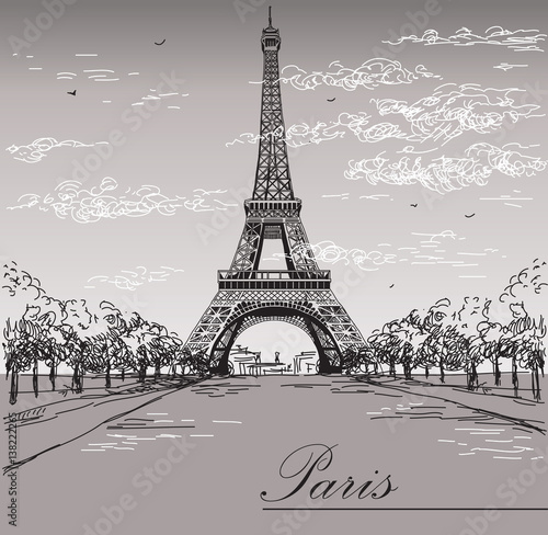 Fototapeta Naklejka Na Ścianę i Meble -  Landscape with Eiffel tower in black and white colors on grey background