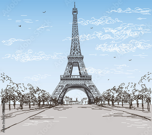 Landscape with Eiffel tower in black and wwhite colors on blue and grey background photo