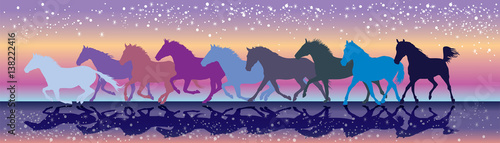 Vector background with horses galloping in the sunset