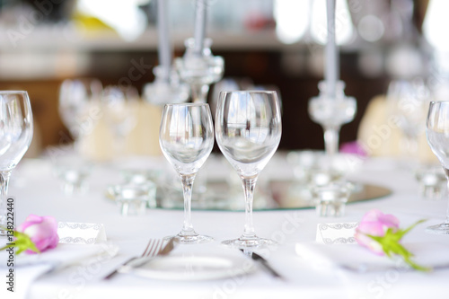 Beautiful table setting with crockery and flowers for a party  wedding reception or other festive event