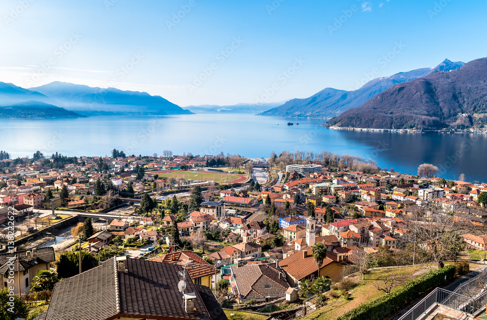 Panoramic view of lake Maggiore with Maccagno, Luino, province of Varese, Italy
