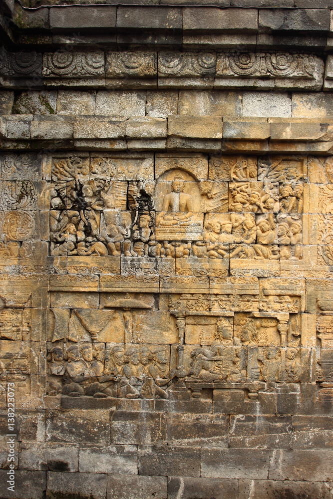 Relief of Borobudur temple in Yogyakarta, Java, Indonesia/Borobudur temple stupas near Yogyakarta, Java, Indonesia Relief of Borobudur temple in Yogyakarta, Java, Indonesia/Borobudur temple stupas near Yogyakarta, Java, Indonesia
