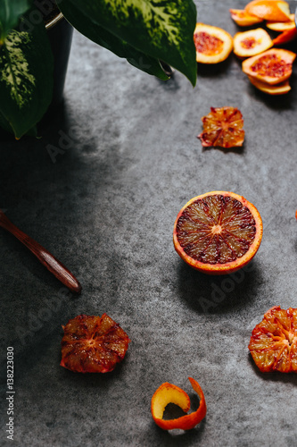 Top View of Delicious Blood Oranges on Slate Table