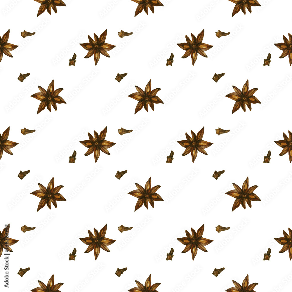 Watercolor seamless pattern with anise and cloves. Spice Watercolor seamless pattern with anise and cloves. Spice