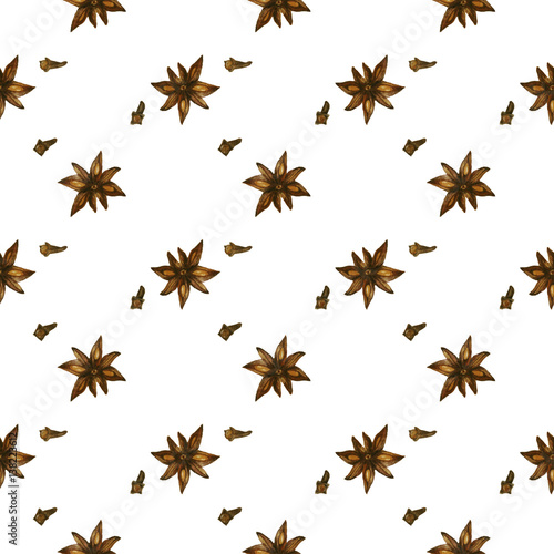 Watercolor seamless pattern with anise and cloves. Spice
