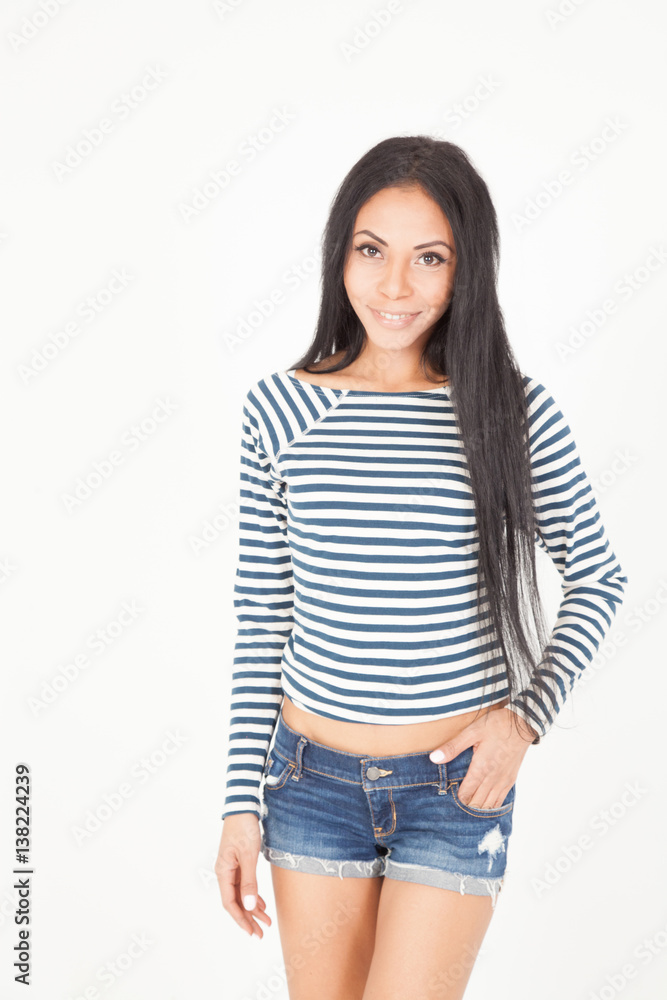 young cheerful woman in shorts and a T-shirt young cheerful woman in shorts and a T-shirt