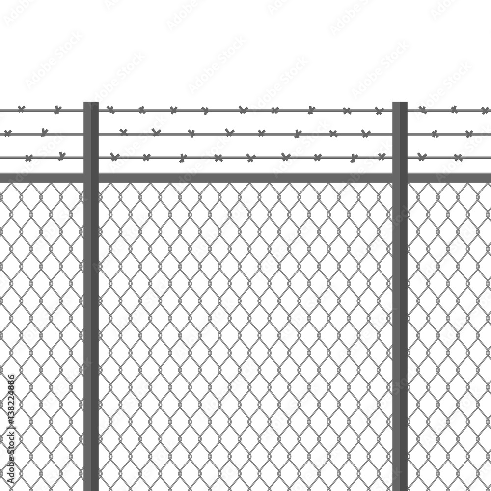 Metal fence with barbed wire. Fortification, secured property, separation concept. Steel construction for danger areas Metal fence with barbed wire. Fortification, secured property, separation concept. Steel construction for danger areas