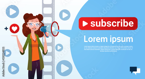 Woman Video Blogger Online Stream Blogging Subscribe Concept Flat Vector Illustration