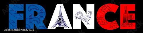 typical france food, croissant, wine, cheese, eiffel tower hand drawing