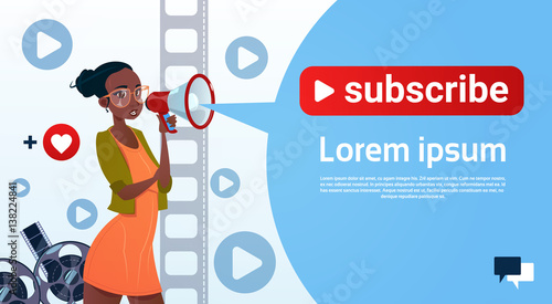 Woman Video Blogger Online Stream Blogging Subscribe Concept Flat Vector Illustration