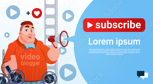 Man Video Blogger Camera Computer Screen Blogging Subscribe Concept Flat Vector Illustration