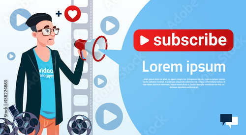 Man Video Blogger Camera Computer Screen Blogging Subscribe Concept Flat Vector Illustration