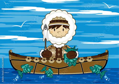 Cute Cartoon Inuit Fisherman in Sea Kayak