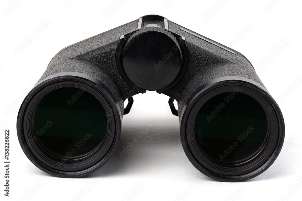 Black binoculars isolated on white background. Focus stacking. Extreme depth of field. Black binoculars isolated on white background. Focus stacking. Extreme depth of field.