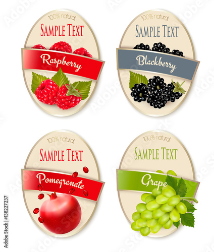 Set of labels of berries and fruit. Raspberry, blackberry, pomegranate, grape. Vector.