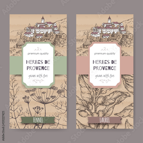 Two labels with Provence town landscape, fennel and laurel sketch.