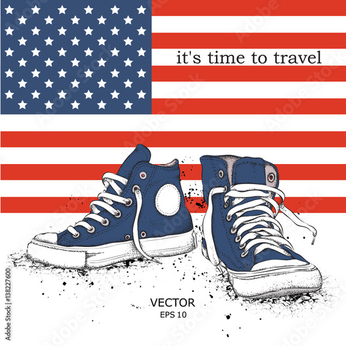 Hand drawn sneakers on background. Print of USA flag. hand drawn vector illustration