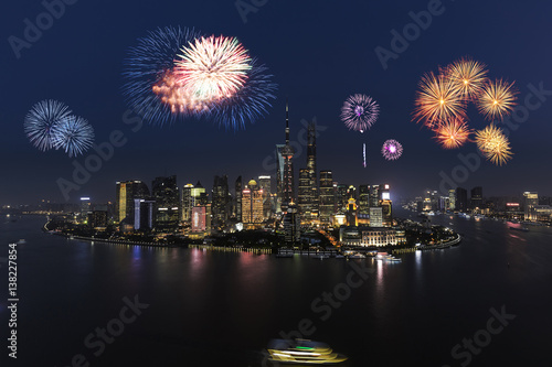 Fireworks and cityscape in Shanghai at night