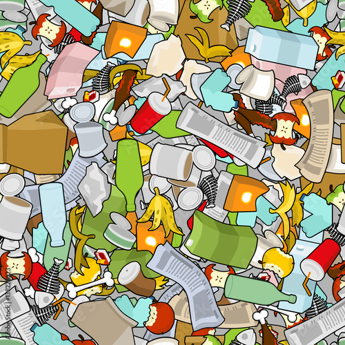 Garbage texture. Rubbish seamless pattern. trash ornament. litter background. peel from banana and stub. Tin and old newspaper. Bone and packaging. Crumpled paper and plastic bottle