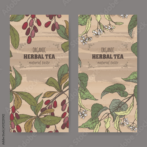 Two color vintage labels for linden and barberry herbal tea.
