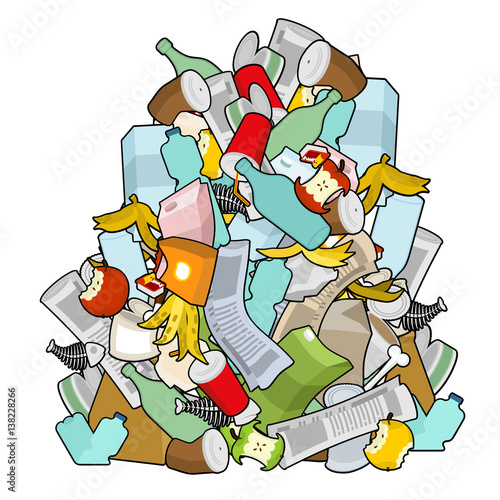 Pile Rubbish. Garbage heap  isolated. Stack trash. litter background. peel from banana and stub. Tin and old newspaper. Bone and packaging. Crumpled paper and plastic bottle