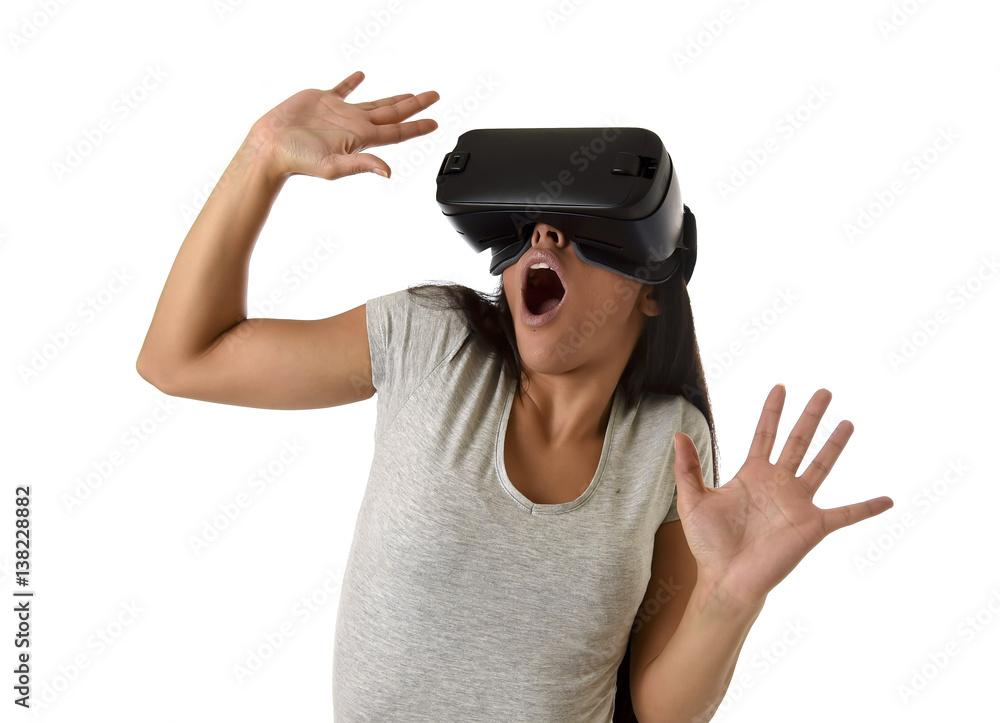 attractive happy woman excited using 3d goggles watching 360 virtual reality vision enjoying attractive happy woman excited using 3d goggles watching 360 virtual reality vision enjoying