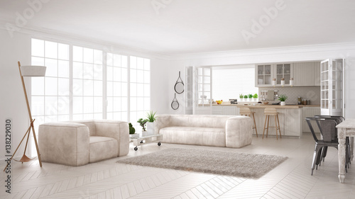 Minimalist white living and kitchen, scandinavian classic interior design © ArchiVIZ