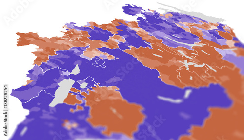 Tilted choropleth map of Switzerland showing municipalities and cantons photo